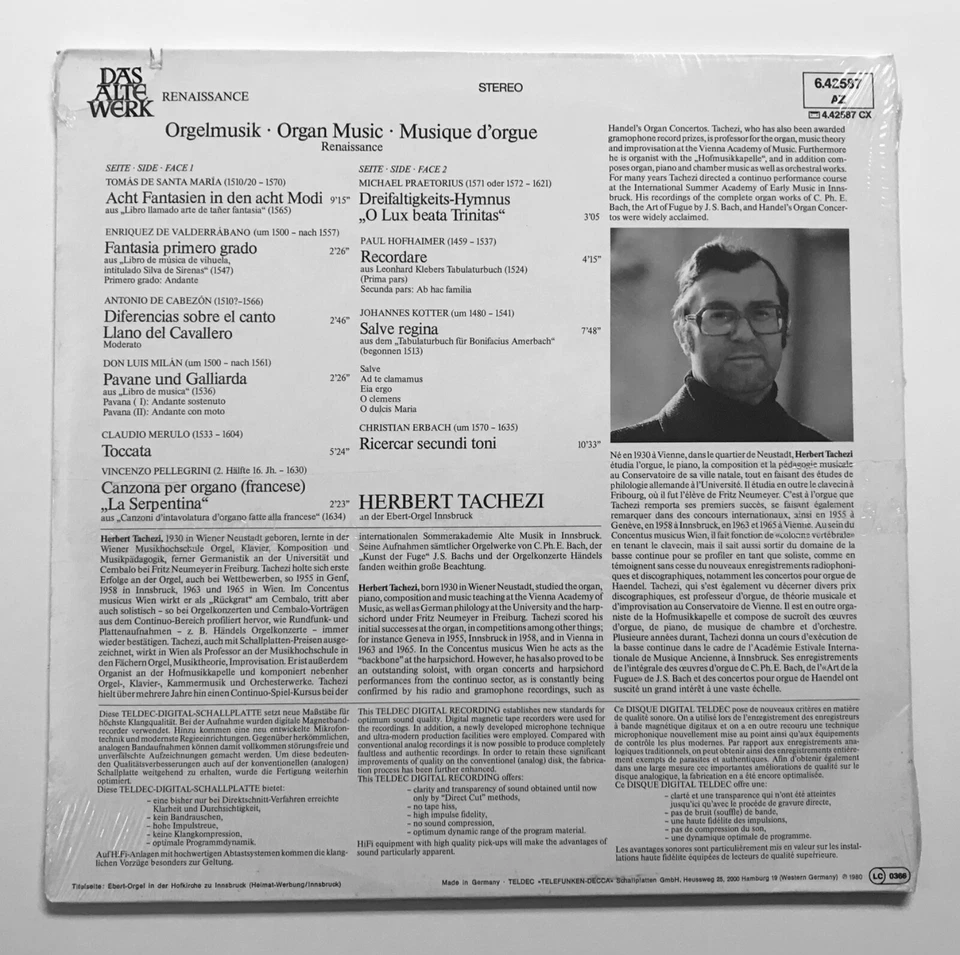 HERBERT TACHEZI: Orgelmusik Der Renaissance (Vinyl LP Record Sealed) - Image 2 of 4