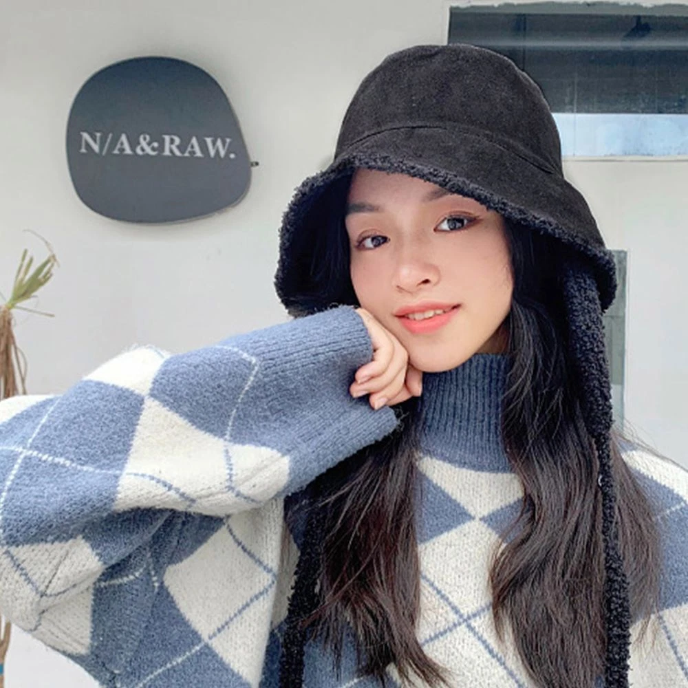 Foldable Fisherman Hat Autumn Winter Panama Hat Lamb Fur Cap