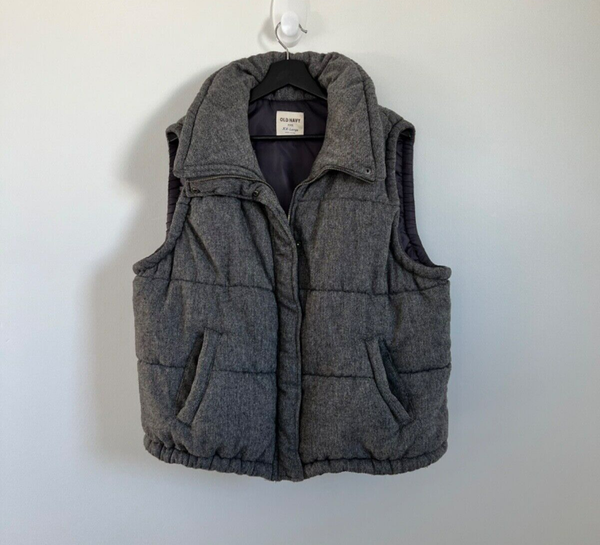 Old Navy Womens Gray Puffer Vest Recycled Wool Blend Full Zip Snap