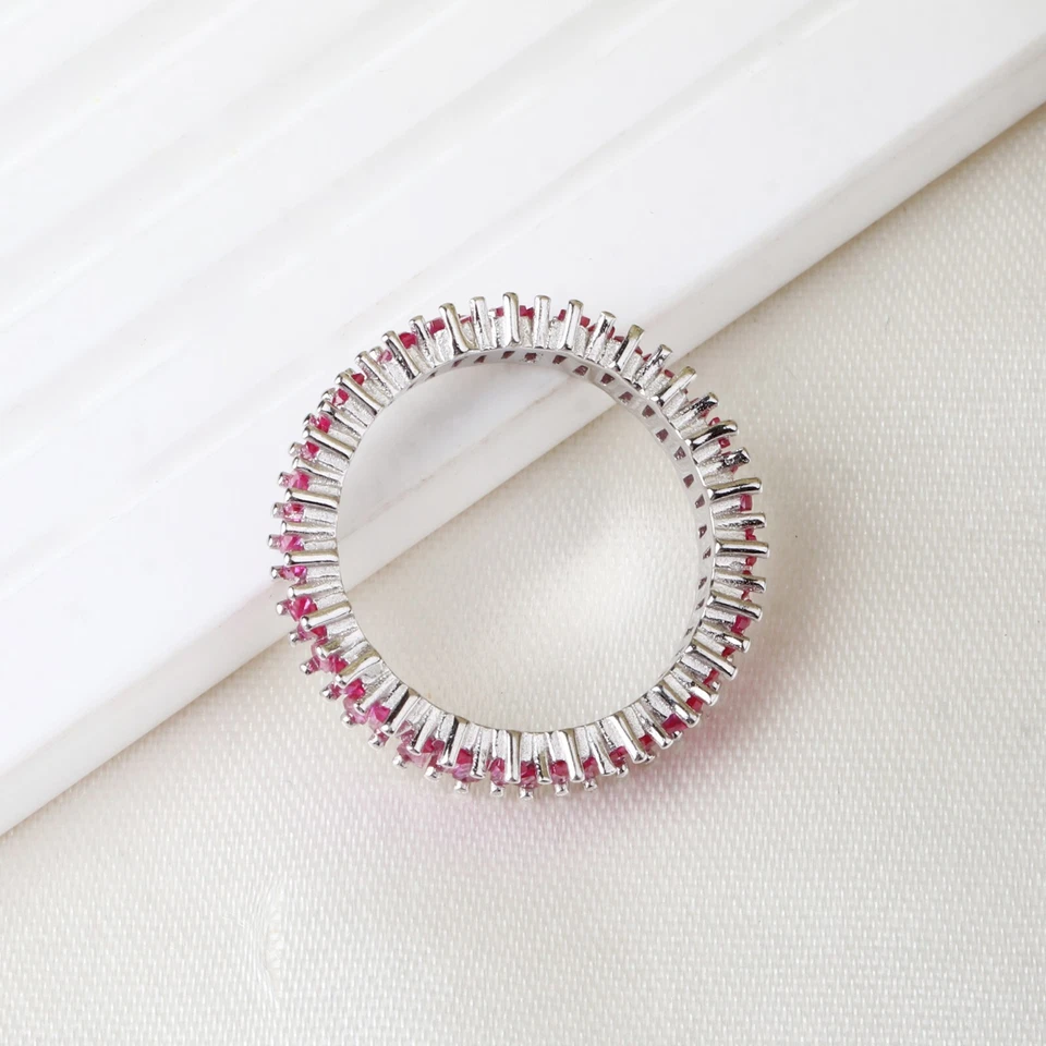 Rosso Zircone Cubico Eternità Completo Fede Nuziale Artigianale Solido Argento - Immagine 4 di 4