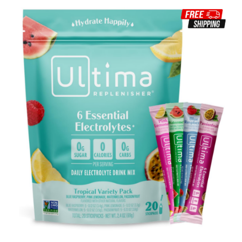 Ultima Replenisher Electrolyte Hydration Tropical Drink Mix, Sugar Free, 20 Pack