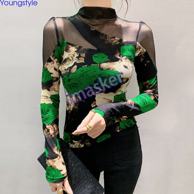 Korean Women Mesh Mock Neck Slim Pullover Top for Fall Spring