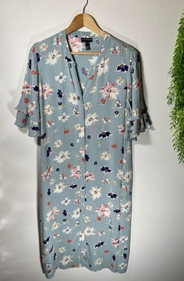 Long Tall Sally Duck Egg Blue Floral Tiered Sleeve Shift Dress - Size 14