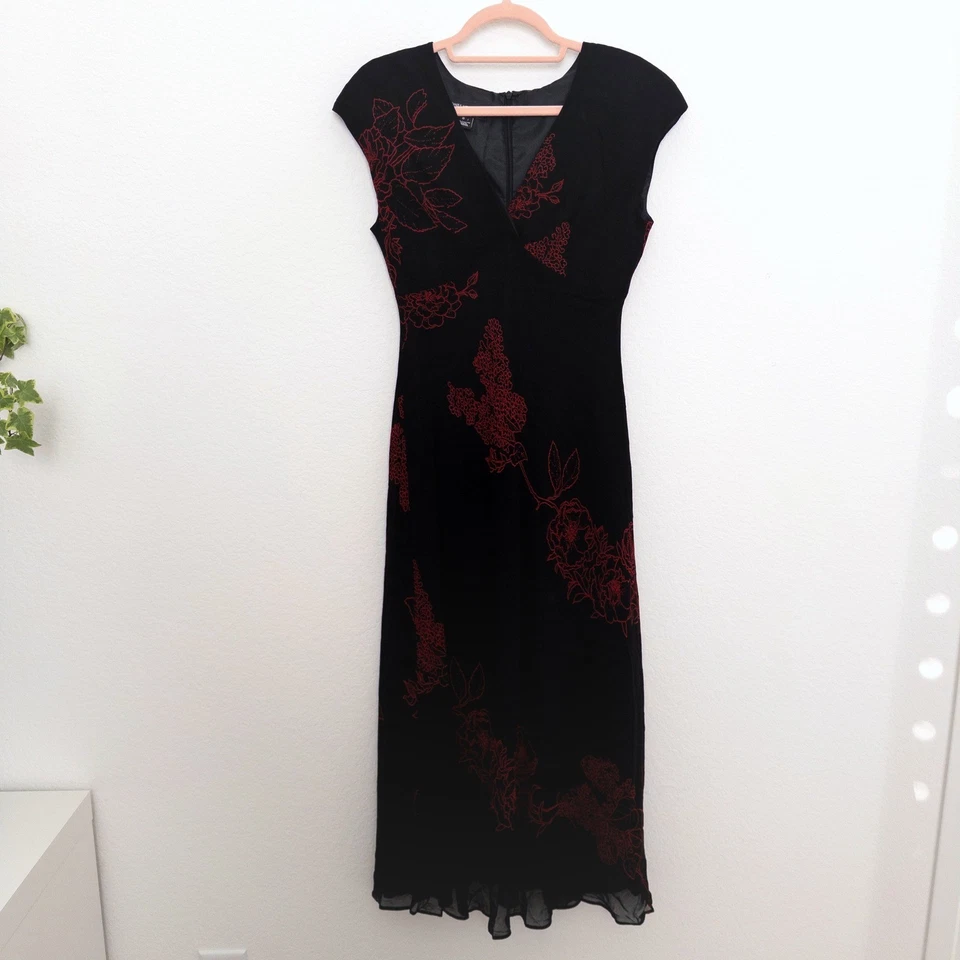 VTG Jones New York Womens Dress Size 6 Black Red Floral Midi Witchy Whimsigoth - Image 2 of 4