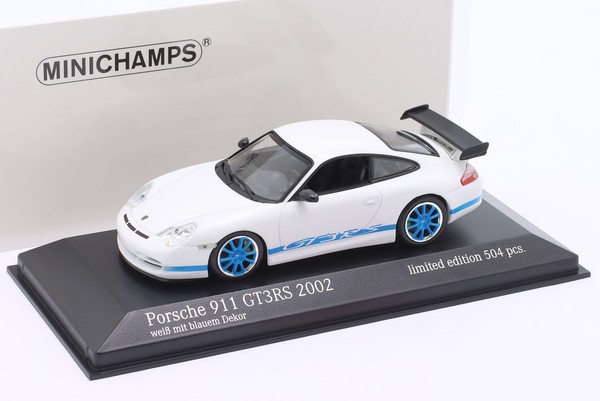 Porsche 911 (996) GT3 Rs Baujahr 2002 Wei� / Blaue Felgen 1:43 Minichamps-image