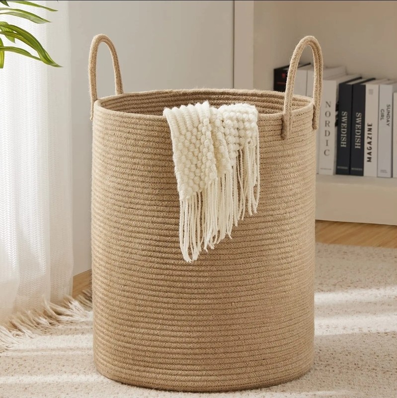 Round Woven Rope Laundry Hamper Basket, Beige Solid, Freestanding, Handles