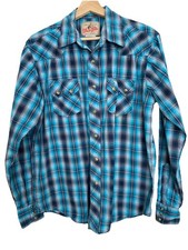 Wrangler Men's M Blue Plaid Pearl Snap Front 100 Cotton Western Shirt