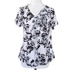 H by HALSTON Floral Ruffle Tee Size Black & White Short Sleeve Top Small