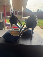 Badgley Mischka Blue Satin Rhinestone Ankle Strap Peep Toe Heels 8 MP3450