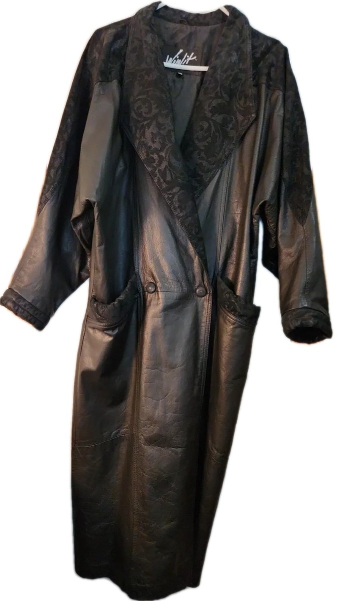 Vtg 80s Winlit Black Leather & Suede Patchwork Trench Coat Jacket