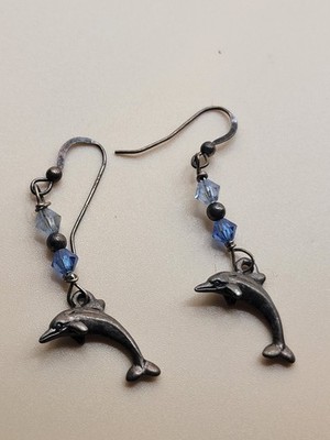 Vintage 1960s Silvertone Porpoise Dolphin Dangle Earrings Blue Glass Bead Spacer