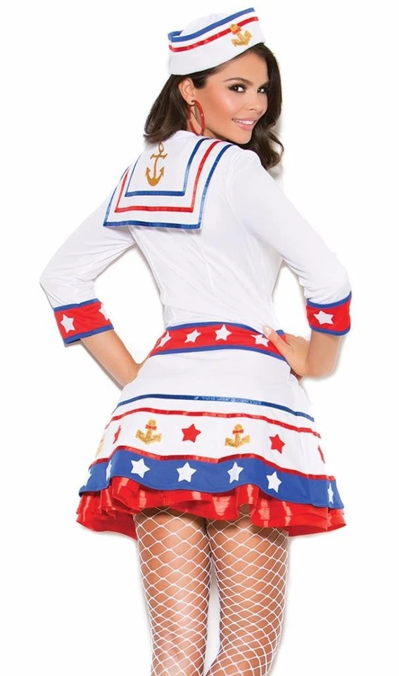 Disfraz de marinero patriótico vestido mangas babero ancla estrellas sombrero blanco 99002 pequeño Foto 2 de 4