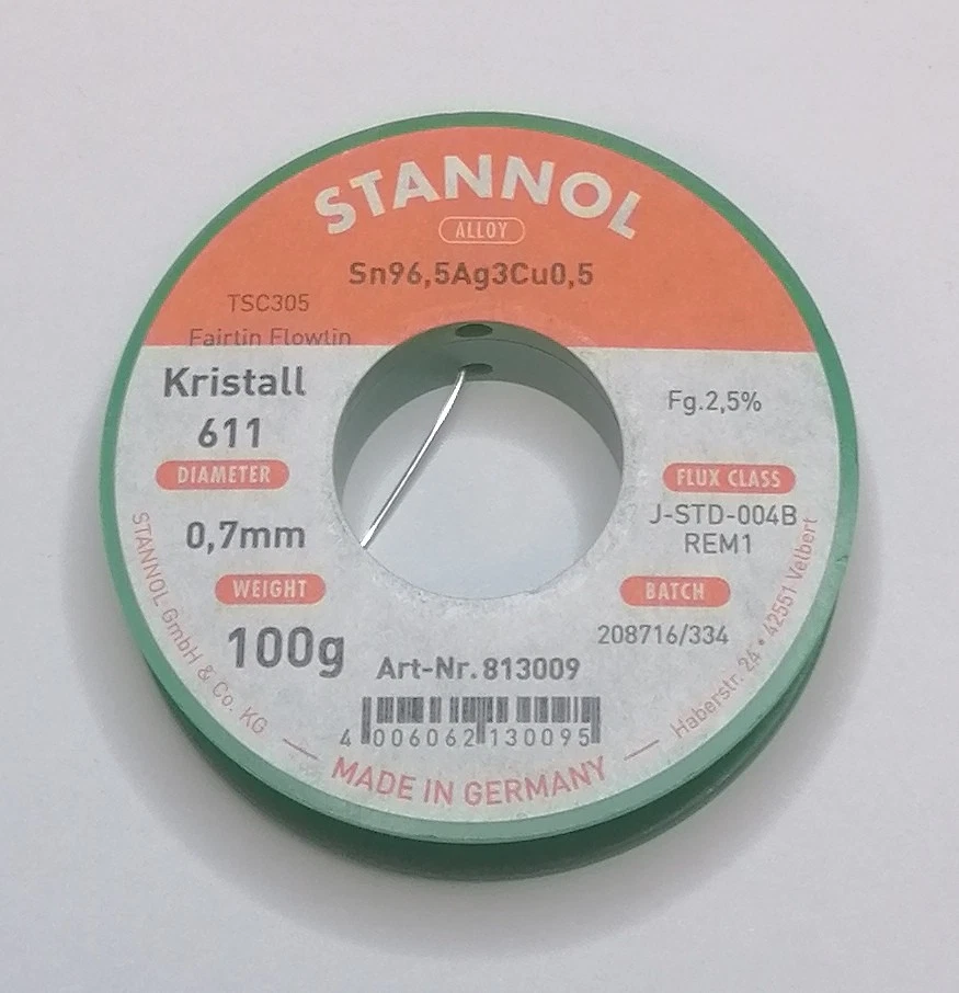 Stannol Lötzinn/Lötdraht Kristall 611 TSC305 Flowtin Sn96,5Ag3Cu0,5 0,7mm 2,5% - Bild 1 von 1