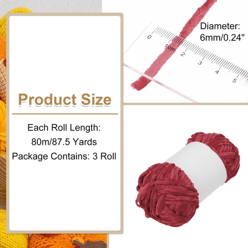 3pcs Velvet Chenille Yarn Bulky Fluffy Chunky Yarn for Crochet Deep Red, 80m - Picture 2 of 6