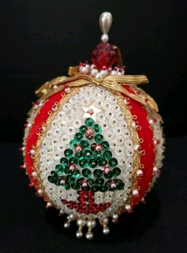 Handmade Footed Beaded Round Ball Red Velvet Ribbon, Gold Ribbon, Sequins, Pearl