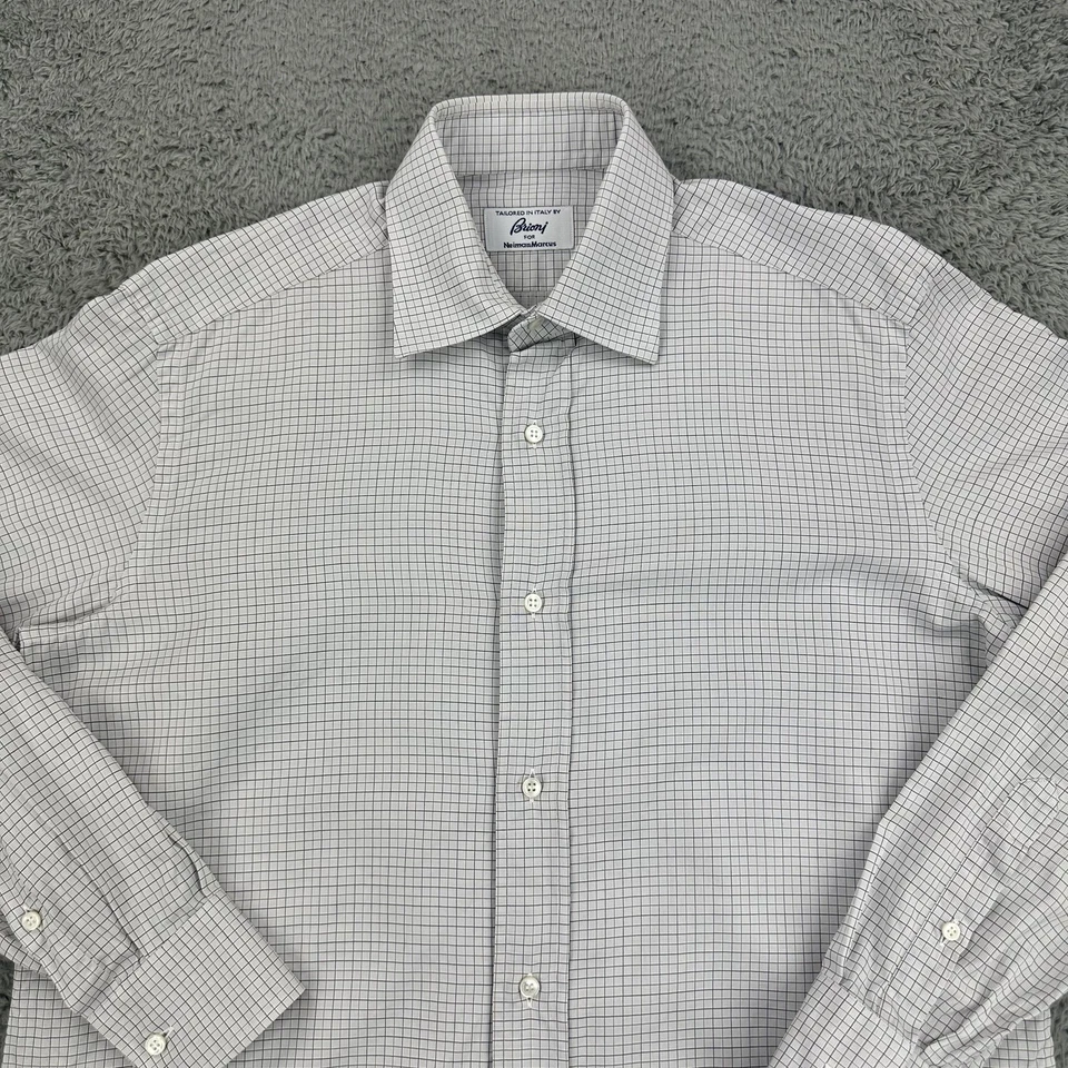 Brioni Dress Shirt Mens 15 White Blue Check Plaid Button Up Italy - Image 3 of 4