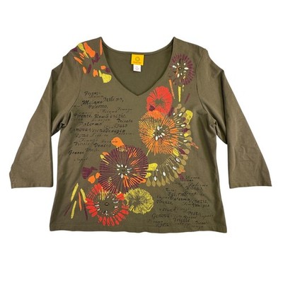 Ruby Rd Womens XL Olive Green Floral Embroidered V-Neck 3/4 Sleeve Top