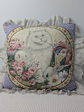 2-Sided Kitty Cat Pillow Handmade Edged In Lace Vtg Pastels Gray White Cats
