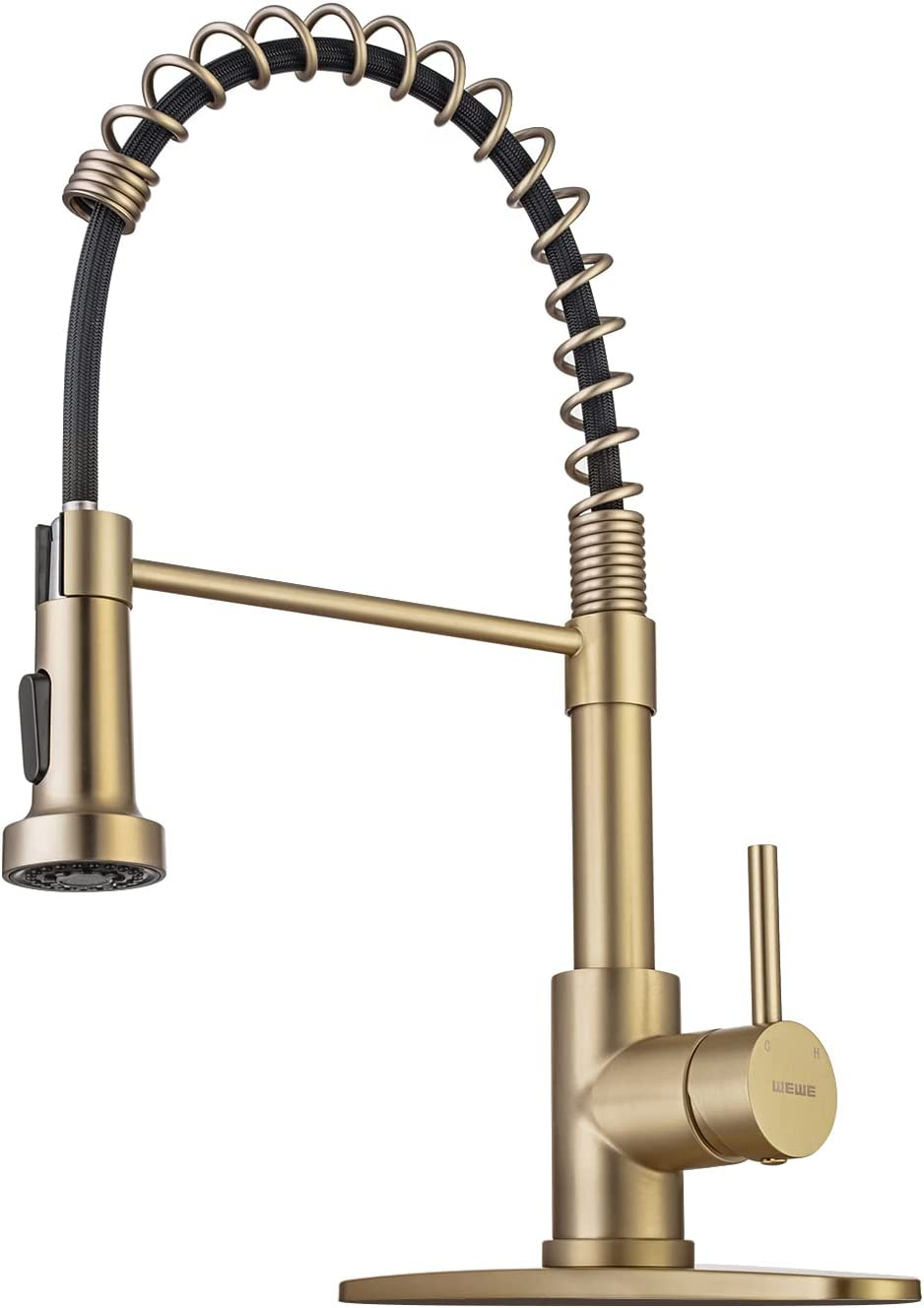 Brushed Gold Kitchen Faucet with Pull-Down Sprayer and Deck Plate