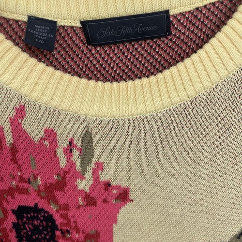 Saks Fifth Avenue Floral Intarsia Sweater Lemonade Yellow and Pink Mens Large - Picture 5 of 6