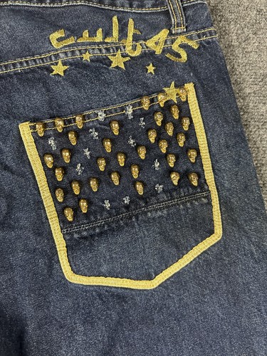 Cult of Individuality Jeans Mens 36 Blue Art Of War Skull Stud Patches Punk - Picture 6 of 15