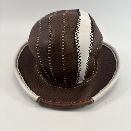 Handmade, Leather Bowler Hat Brown White Steampunk Western Costume Artisan - Afbeelding 5 van 16