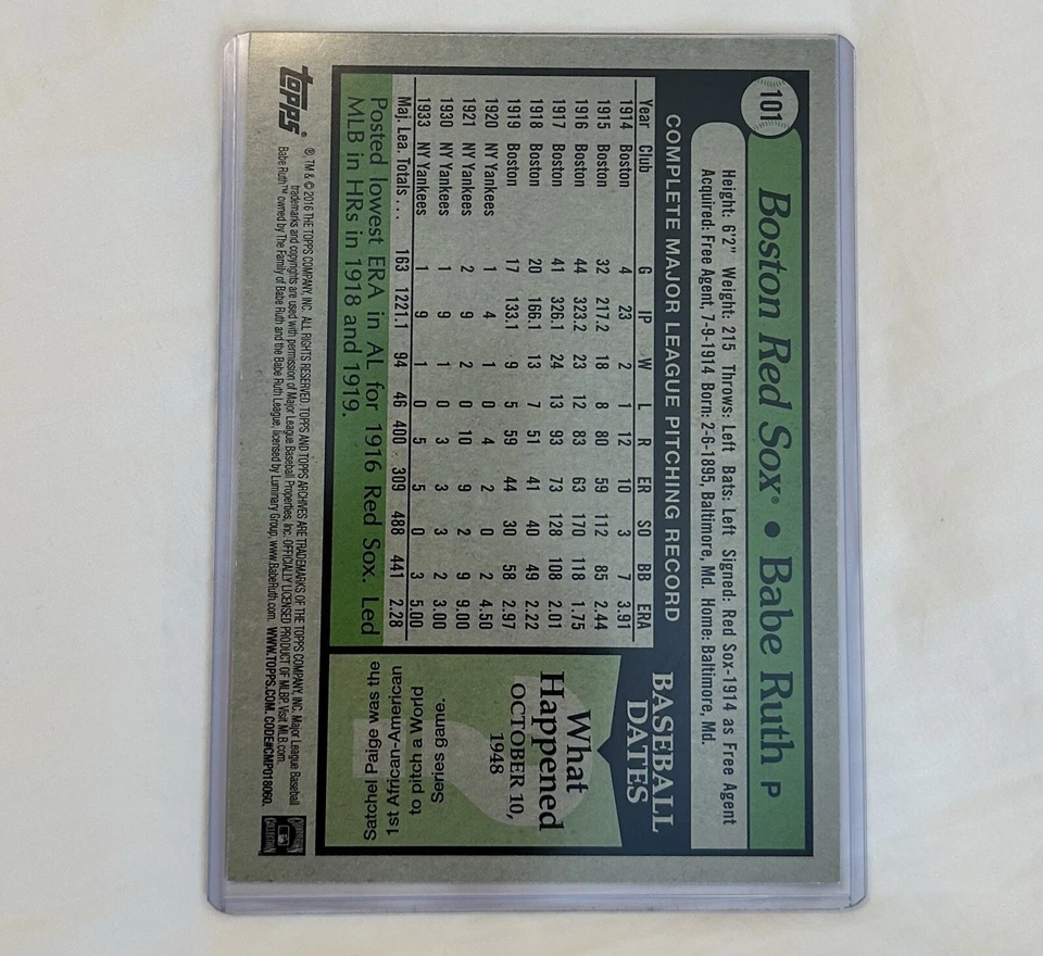 Babe Ruth 2016 Topps Baseball Boston Red Sox #101  /10 1979 Design  - Image 2 of 2