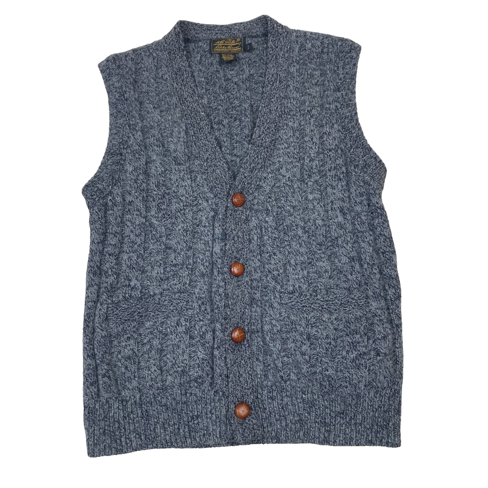 VTG Eddie Bauer Wool Cable Knit Sweater Vest Heathered Gray USA Made Mens Sz S