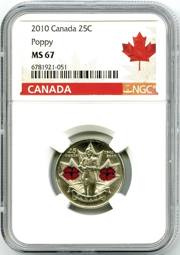 2010 CANADA 25 CENT NGC MS67  UNC POPPY QUARTER COLORIZED WWII 65TH ANNIVERSARY