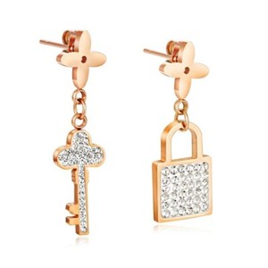 Authentic Lock & Key Mismatch Earrings CZ Women Jewelry Surgical Rose Gold Plated