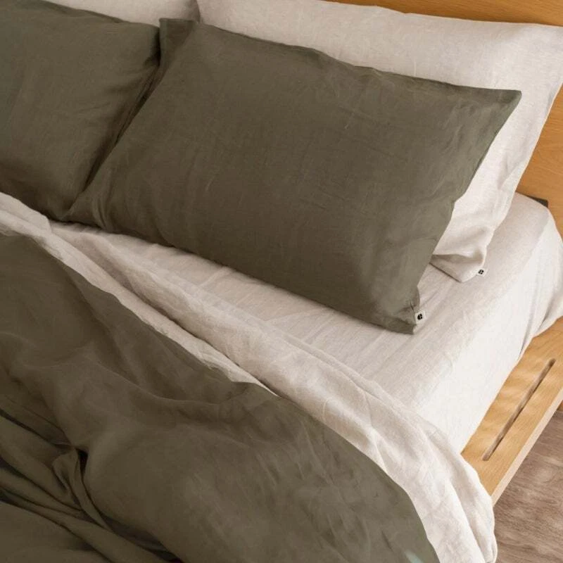 Funda nórdica de lino verde musgo/ropa de cama de lino lavada a la piedra doble, completa Foto 4 de 4