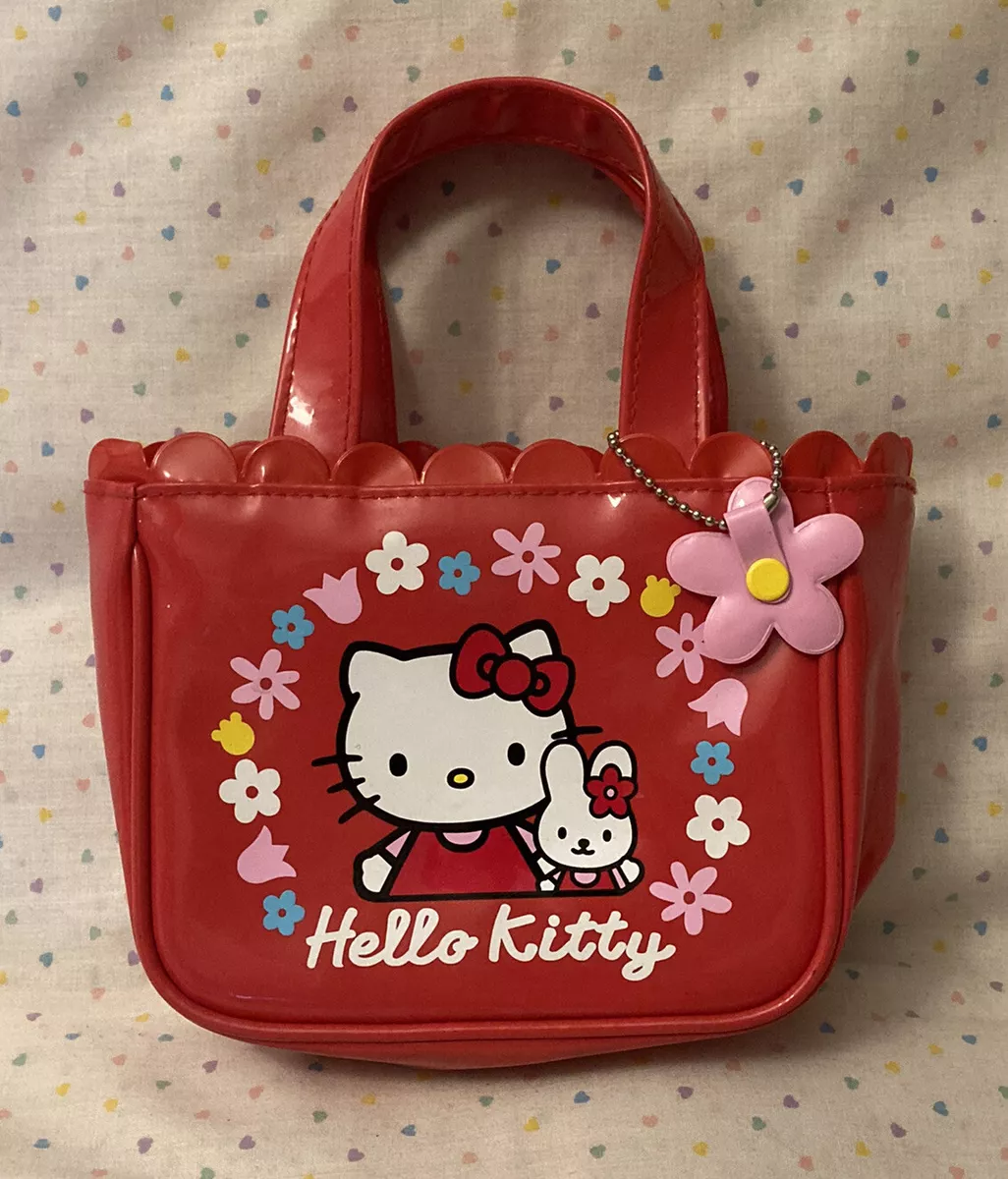 Vintage 2001 Sanrio Smiles Hello Kitty Red Floral Mini Tote Bag Purse 6” x  5”