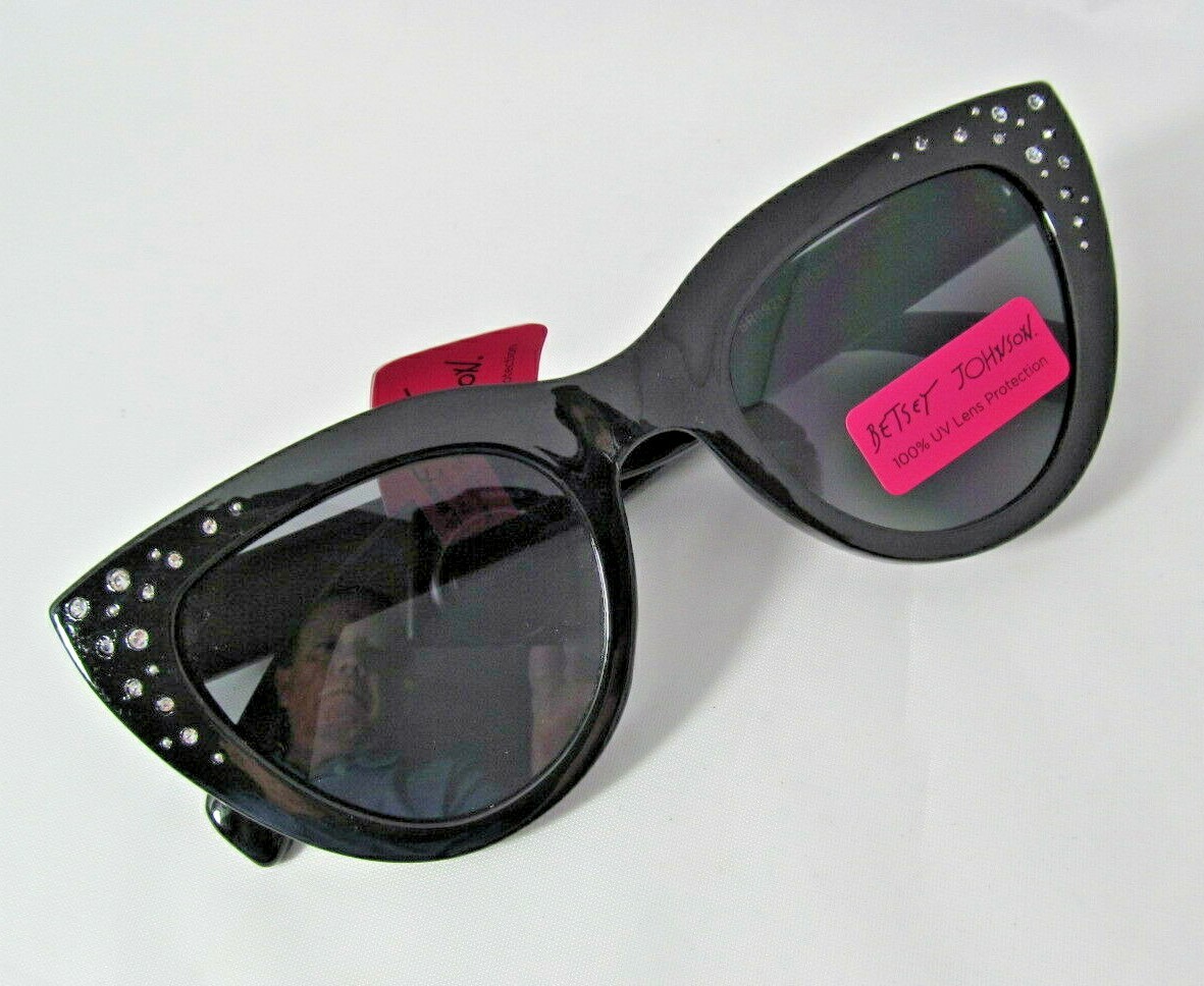 BETSEY JOHNSON Black Cat Eye Sunglasses Bling-accented Rims Multicolor Arms image 9