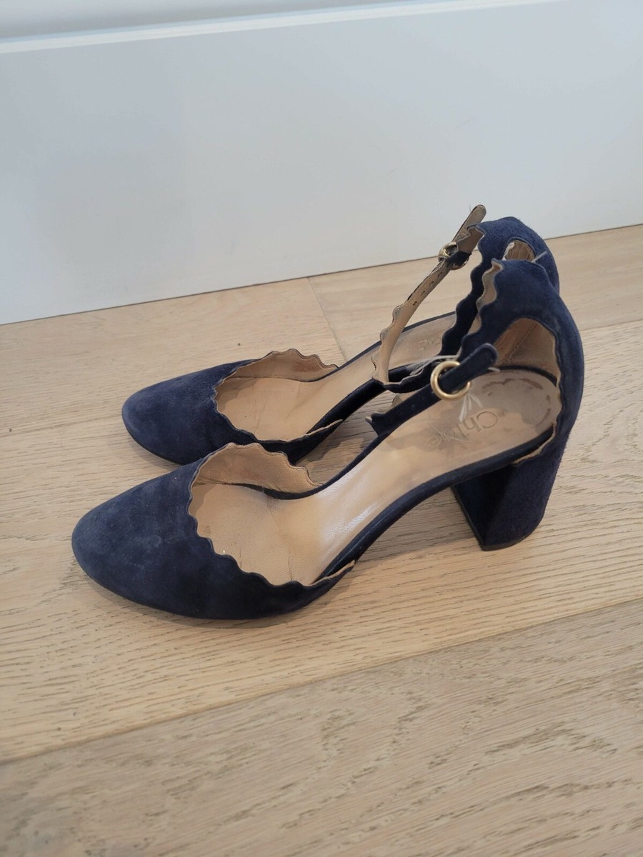 Chloe Women's Lauren D'Orsay Scalloped Block-Heel Pumps Navy