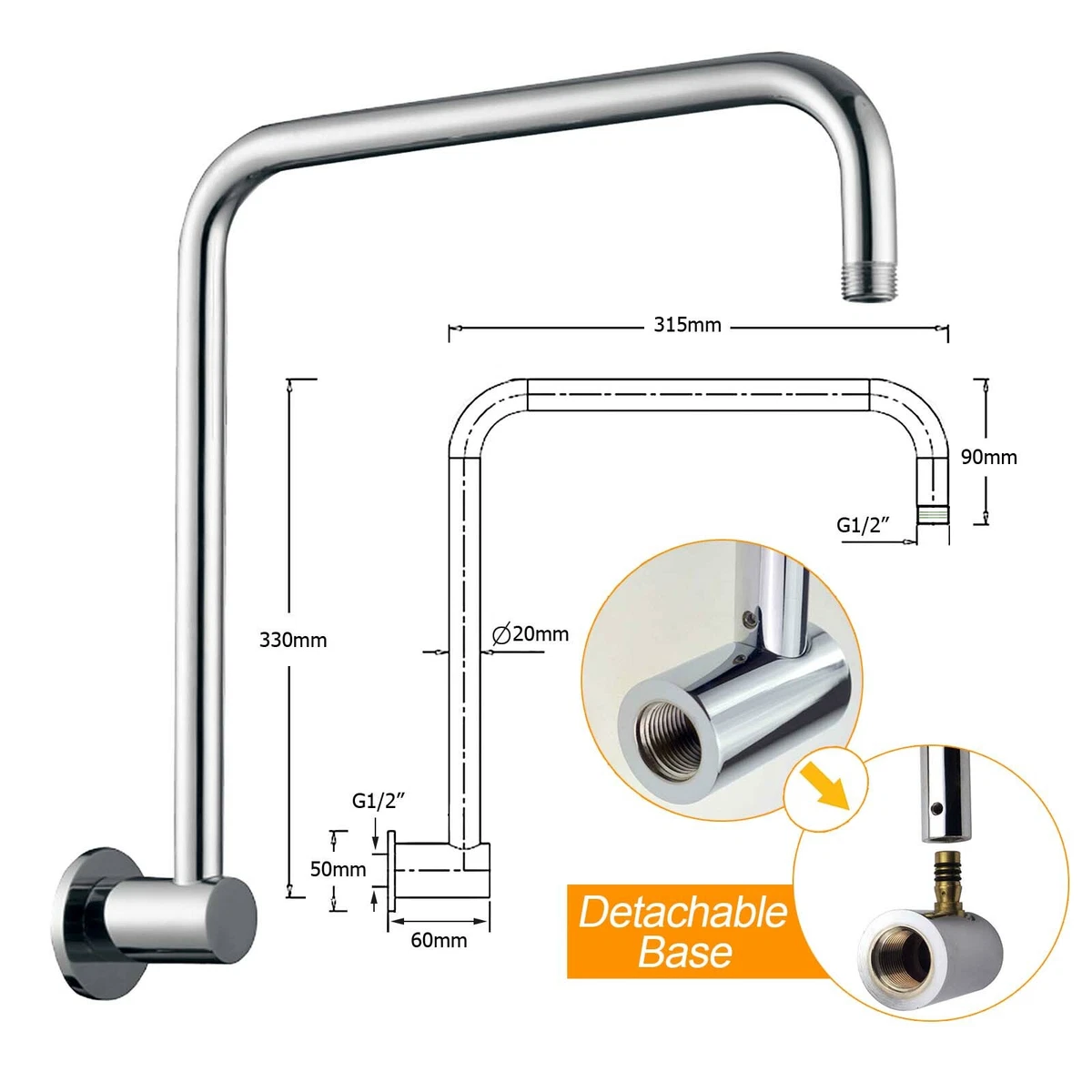 Strong Chrome Gooseneck Wall Mounted High Rise Shower Arm For Bathroom Component