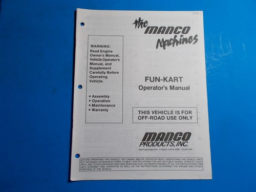 1992 MANCO MACHINE OFFROAD VEHICLE FUN-KART OPERATORS MANUAL