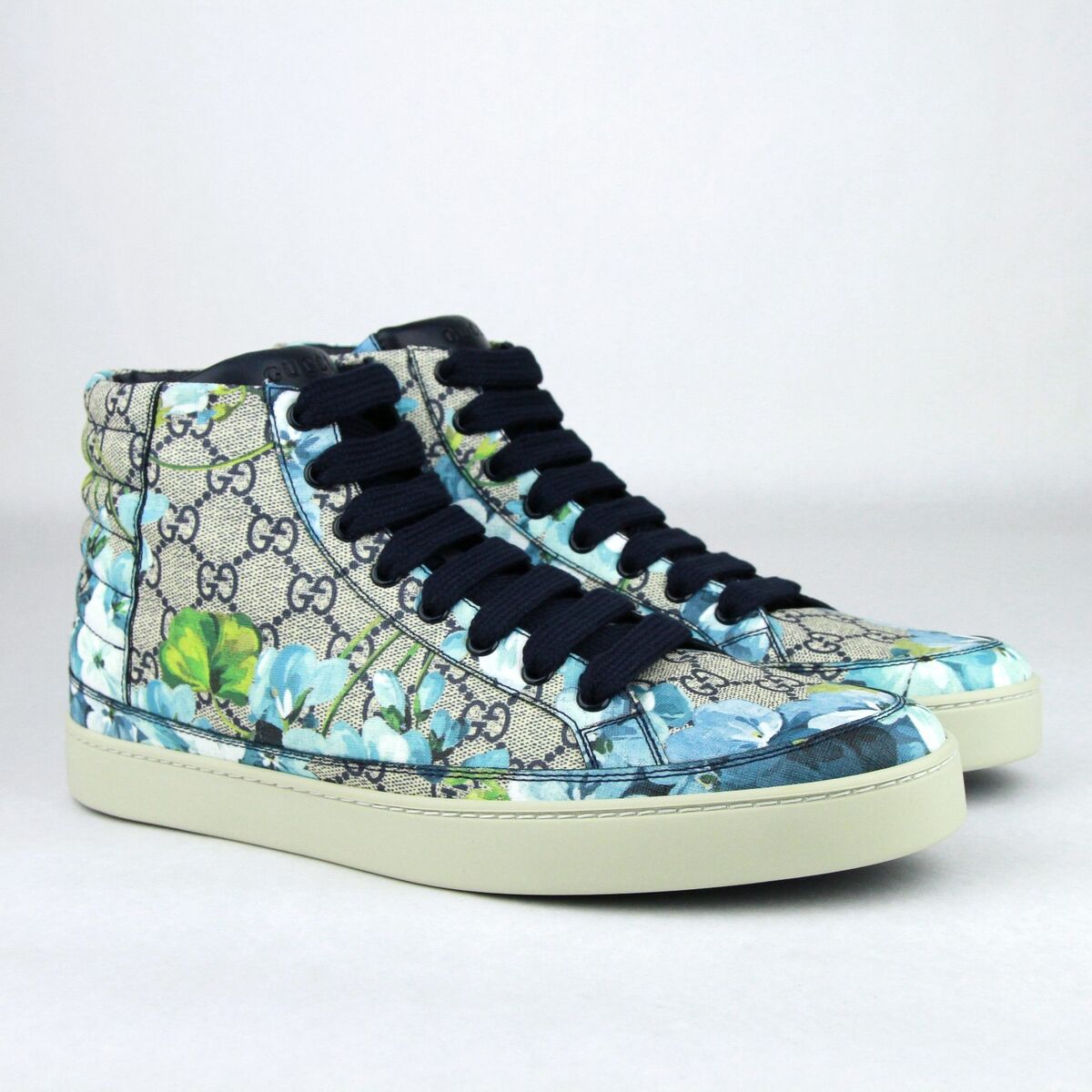 Gucci Supreme GG Coated Canvas Blue Bloom Print Hi Top Sneaker Shoes 407342 8470 Gucci Supreme GG Coated Canvas Blue Bloom Print Hi Top Sneaker Shoes 407342 8470