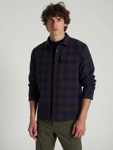 BLOOMINGDALES Shirt Jacket Mens Medium Navy Brown Snap Elbow Patch Flannel $158 - product listing photo
