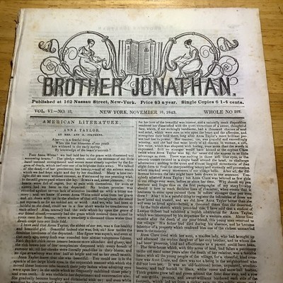 1843 RARE BROTHER JONATHAN NEW YORK NEWSPAPER ~ OLE BULL