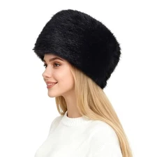Fumwase Women's Winter Faux Fur Hat with Elastic Earwarmer One Size Black