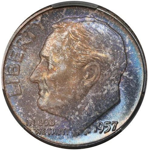 1957 Toned Roosevelt Dime CACG MS 66 See Video Toning Silver Coin CAC 10C