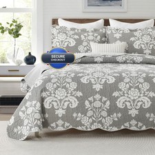 Qiqiong Gray Quilt Set - 100 Cotton Farmhouse Damask - And White