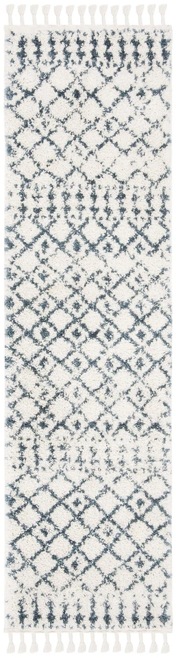 Berber Fringe Shag Collection Runner Rug - 2'2" x 8', Cream & Blue, Moroccan ... - Image 2 of 4
