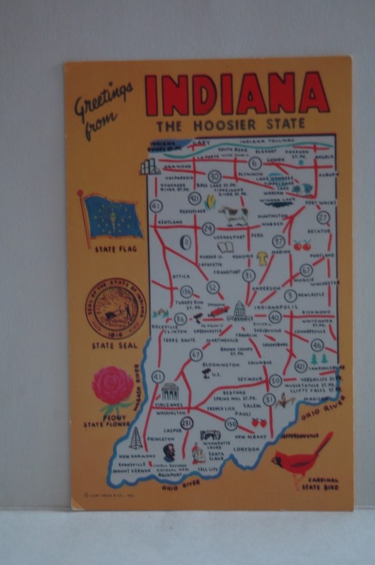 Greetings  Indiana The Hoosier State W/ Hiway Map Postcard
