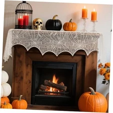 Halloween Mantle Scarf Lace Spiderweb Fireplace Mantel Scarf, 1 PCS White