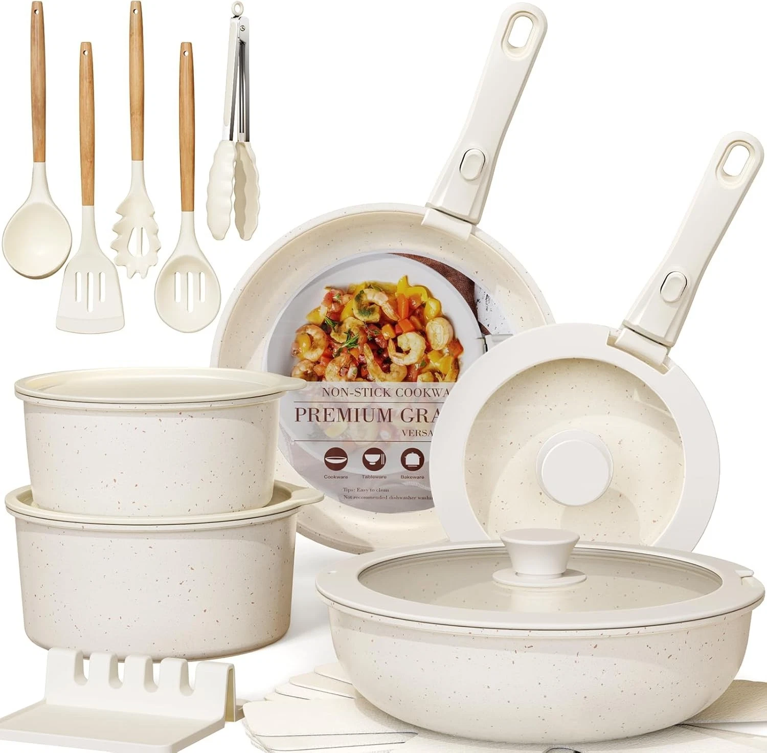 Ceramic Non-stick Cookware 21 Pcs Pots & Pans Set Detachable Handle RV Kitchen