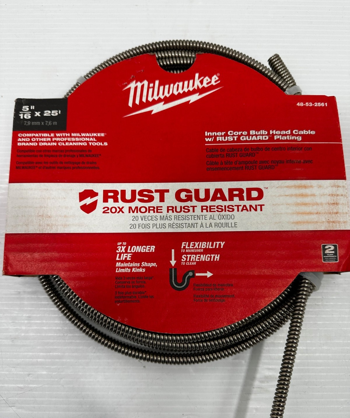 Milwaukee 5/16" x 25' Inner Core Bulb Head Cable w/RUST GUARD Plating 48-53-2561