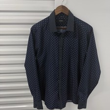 Hugo Boss Mens Large Button Up Shirt Blue Dot Pattern Long Sleeve