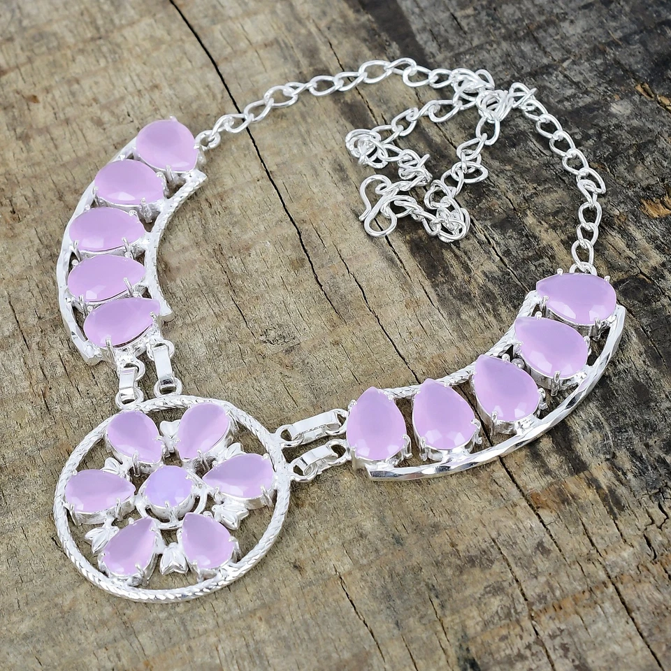 Rosa Calcedonio Gemma 925 Argento Sterling Mano Gioielli Collana Love Regalo - Immagine 3 di 4