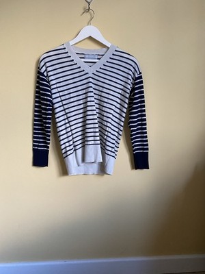 M&S Collection gestreifter V-Ausschnitt Pullover 100% extrafeine Merinowolle Gr. S Frühling